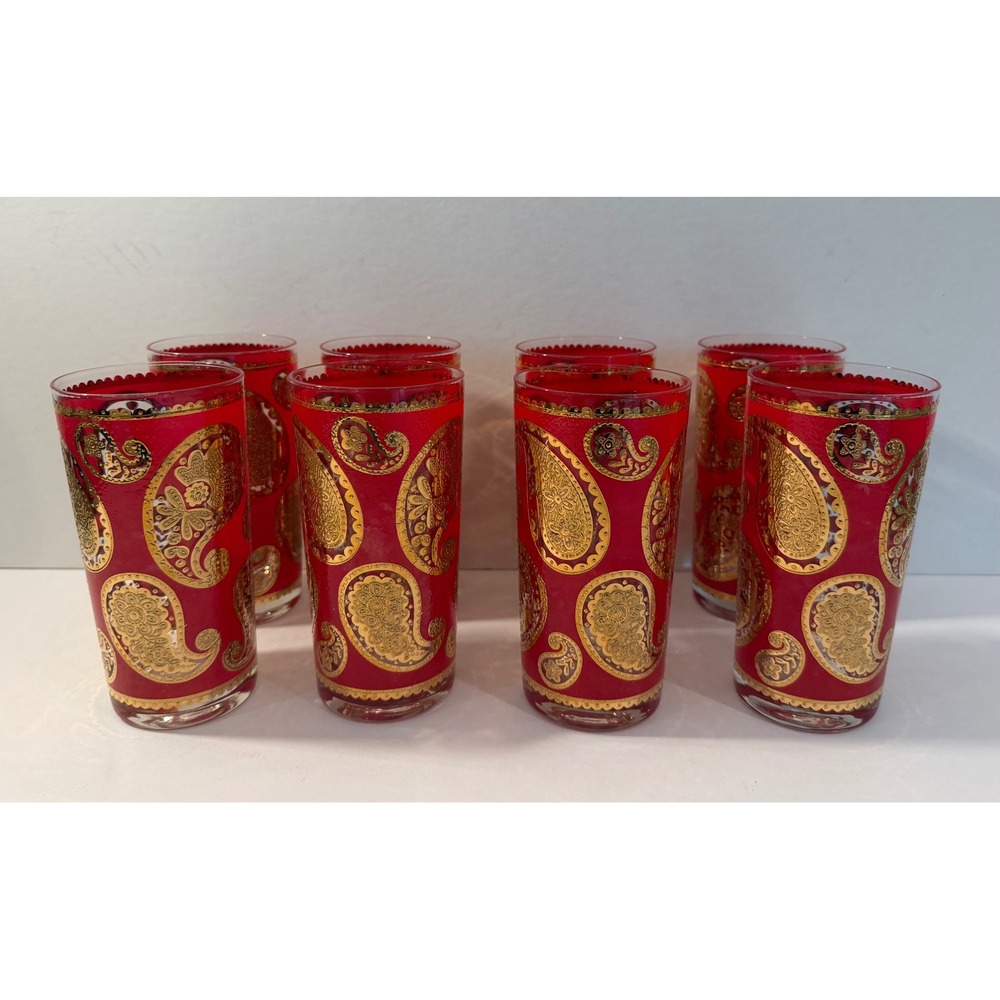 Vintage Culver 8 Red Gold 22K Paisley Highball Glasses MCM Hollywood Regency